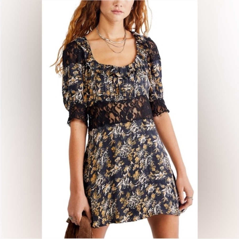 Free People Black‎ and Gold Floral Dress Lucie Size 0